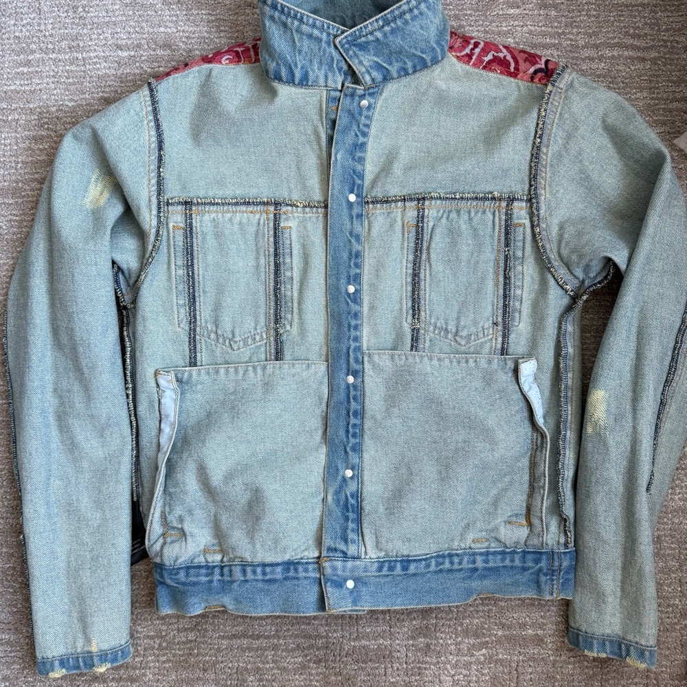 Civil Regime Distressed Denim Belted Trucker Jacket Blue Small - Picture 13 of 16